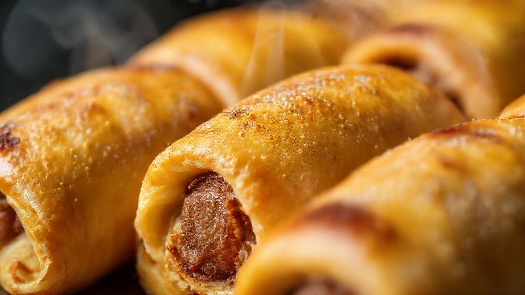 Close-up mostrando a textura dourada e crocante do enroladinho recém-saído do forno