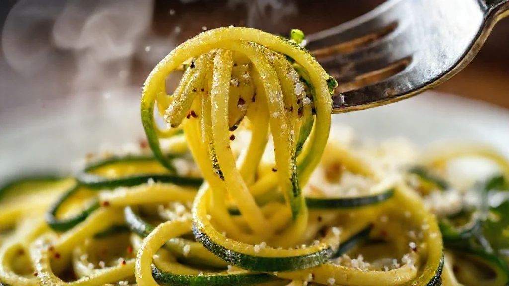 Close-up do espaguete de abobrinha com molho de tomate e manjericão, mostrando textura e cor viva