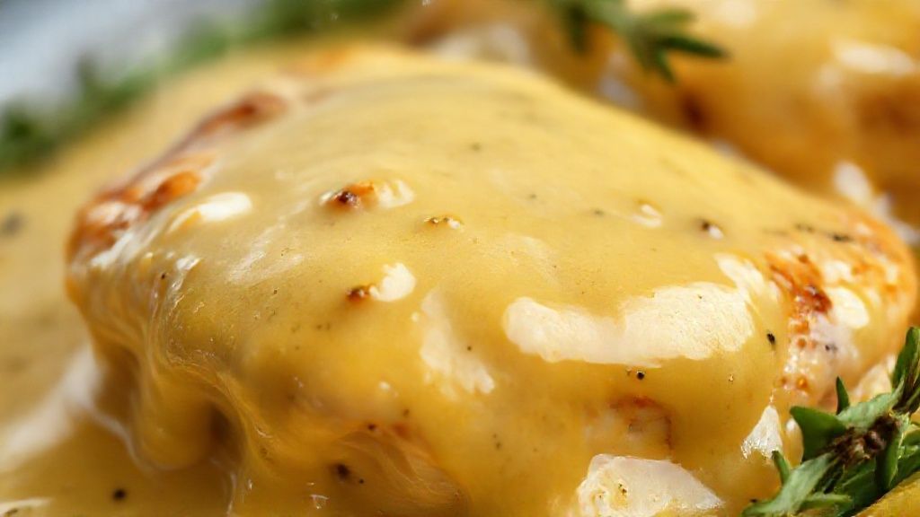 Close-up do frango coberto com molho cremoso, destacando a textura do molho e o dourado da carne