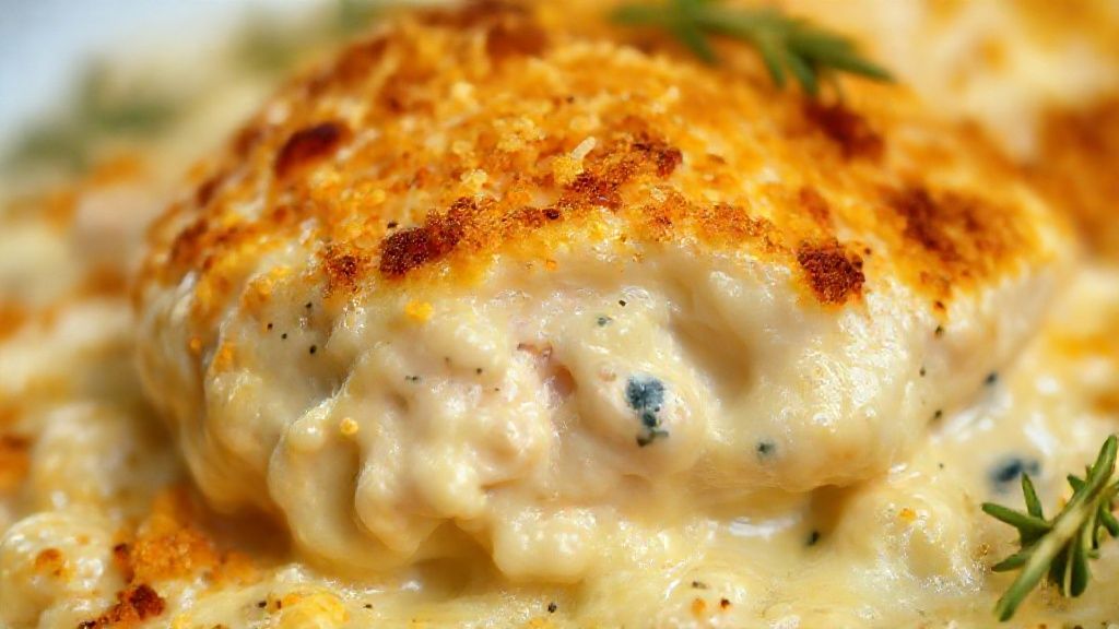 Close-up do fricassê pronto com queijo derretido e batata palha crocante, mostrando textura cremosa e dourada