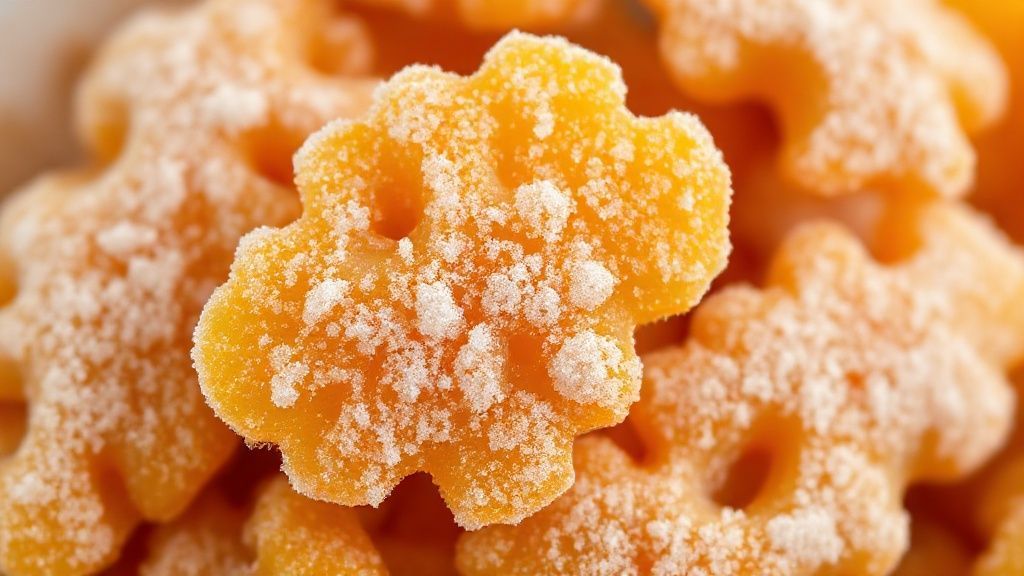 Close-up dos pedaços de gengibre cristalizado com textura açucarada e brilho dourado.