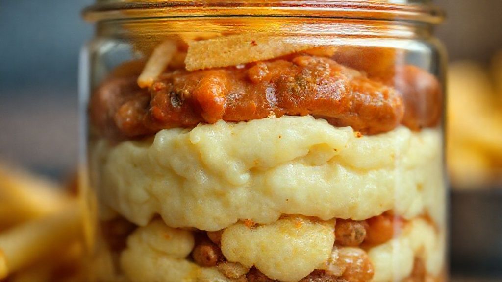 Close-up do hot dog no pote pronto, destacando a textura cremosa do purê e o crocante da batata-palha