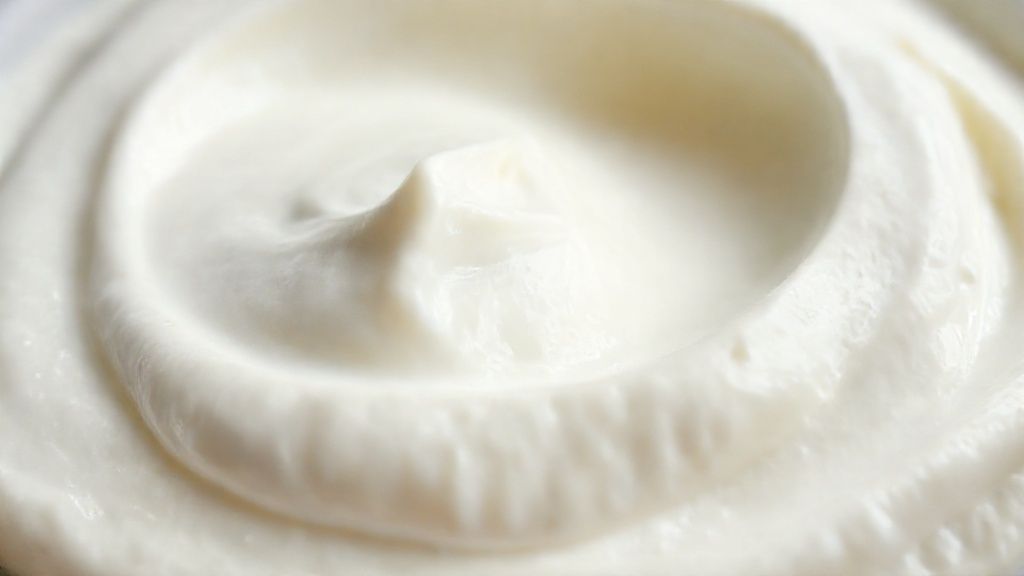 Close-up do iogurte grego caseiro cremoso sendo servido em uma tigela