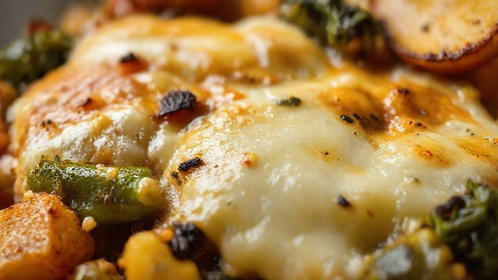 Close-up do jantar saudável low carb com queijo derretido e legumes refogados, destacando a textura cremosa