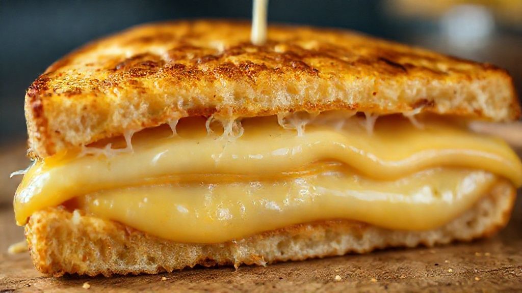 Close-up do lanchão gratinado mostrando queijo derretido e textura cremosa.