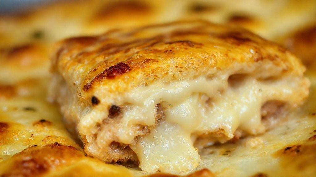 Close-up do lanche gratinado saindo do forno, com queijo derretendo e bordas crocantes