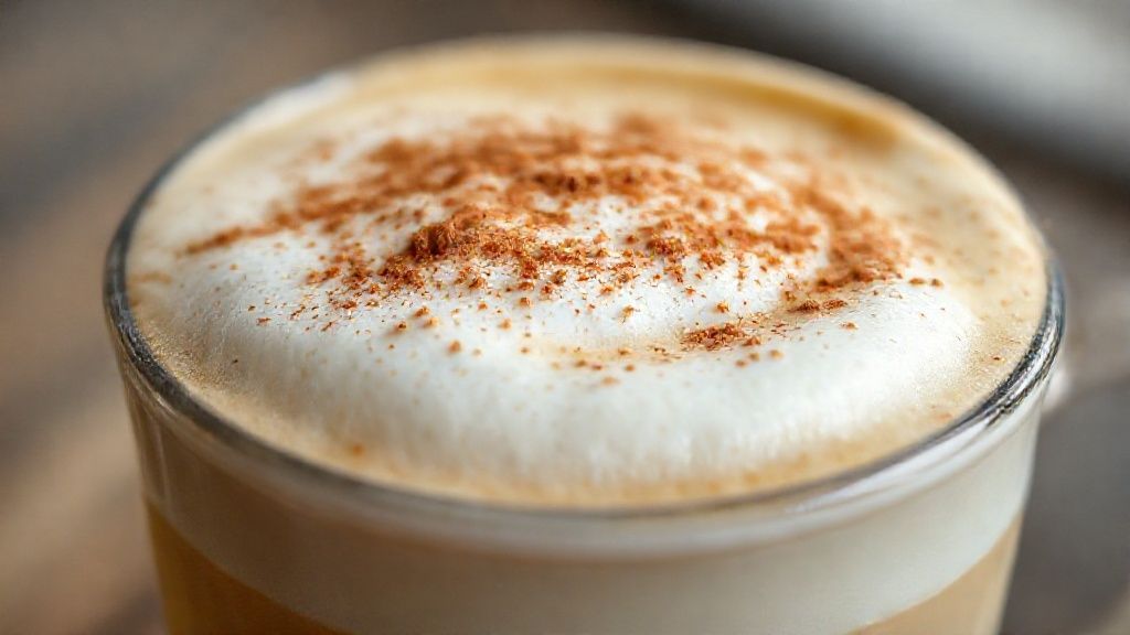 Close-up da superfície cremosa do latte com espuma e pitada de canela em destaque