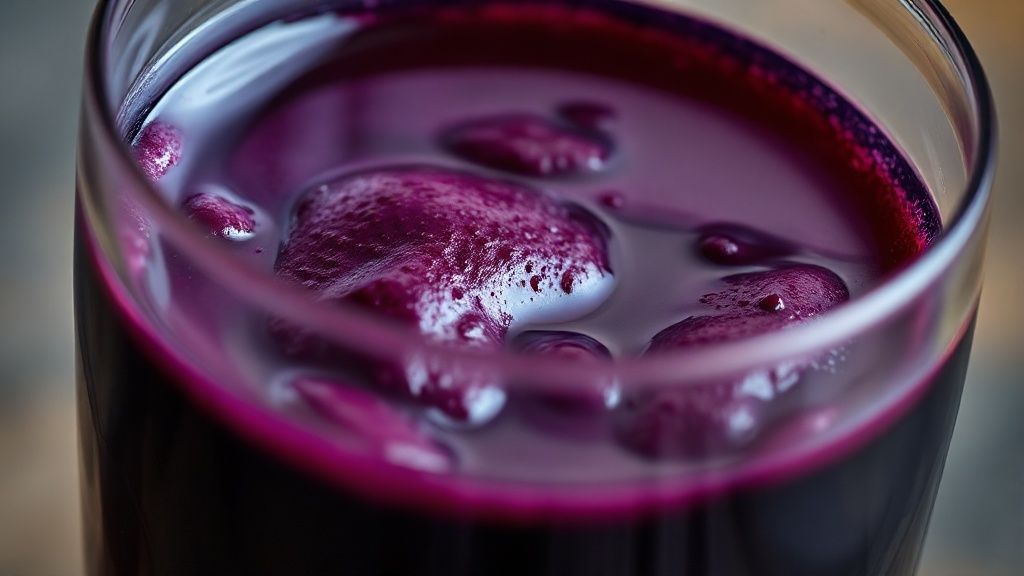 Close-up do licor de jabuticaba no copo, destacando a cor intensa e brilho da bebida