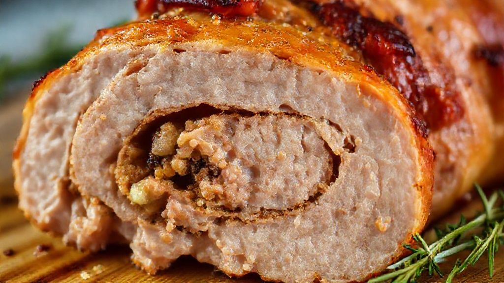Close-up da fatia de lombo recheado mostrando o interior com farofa e bacon dourado