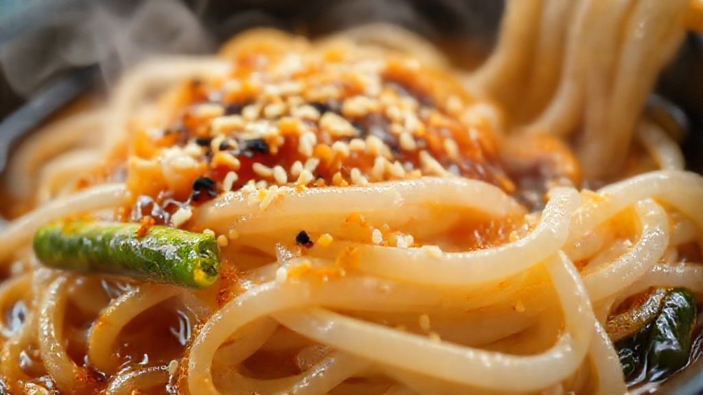 Close-up do macarrão de arroz pronto, mostrando brilho, fios soltinhos e textura cremosa do molho.