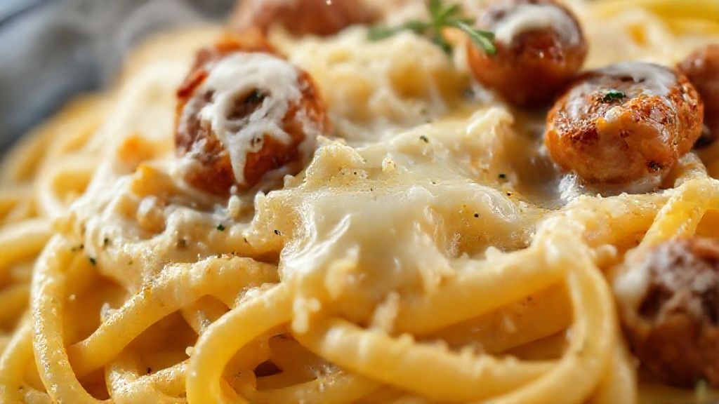 Close-up destacando fios de queijo derretido no macarrão dourado com pedaços de calabresa