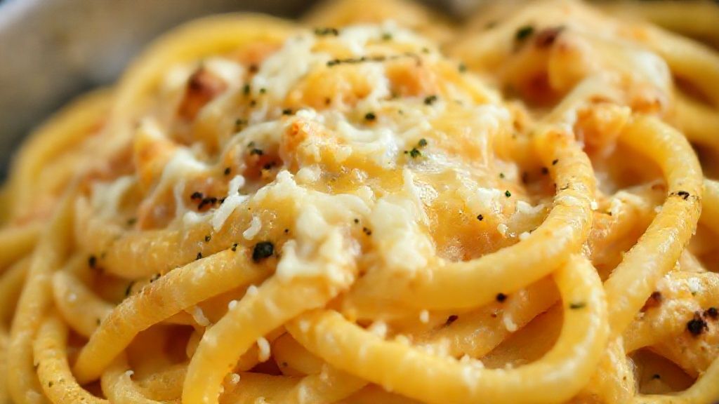 Close-up do macarrão cremoso servido, destacando o molho espesso e o queijo derretido