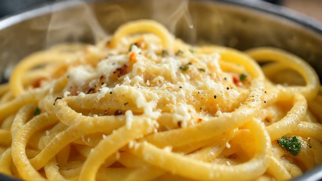 Close-up do macarrão cremoso servido, com textura do molho e fios de queijo derretendo.