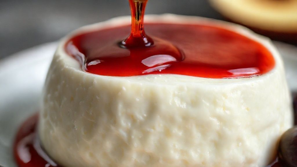 Close-up da fatia de manjar coberta pela calda de ameixa escura, realçando brilho e textura aveludada