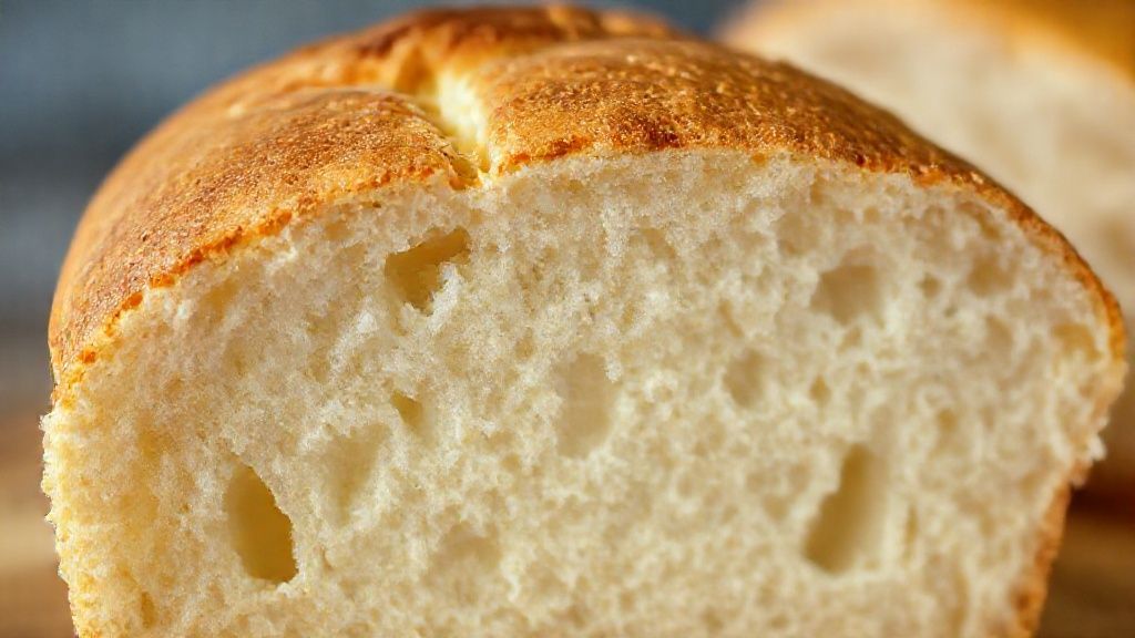 Close-up do pão fatiado, mostrando o miolo macio e a casca dourada crocante.