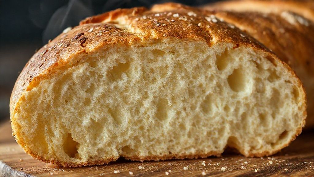 Close-up mostrando o interior fofo e dourado do pão partido ao meio, soltando vapor.