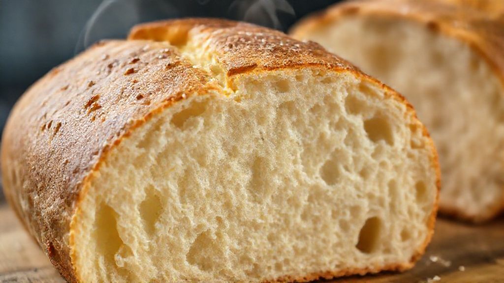 Close-up do pão recém-assado com textura leve e casquinha dourada