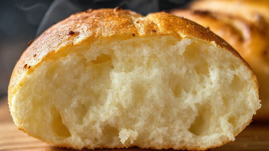 Close-up do pão de batata partido ao meio mostrando textura macia e aerada