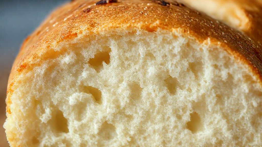 Close-up do pão fatiado, mostrando a textura leve e o miolo macio e aerado