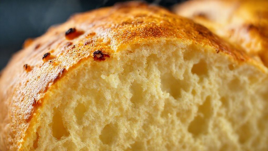 Close-up mostrando o interior aerado e a casca crocante de um pão de queijo recém-aberto