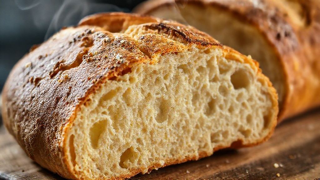 Close-up do pão fatiado, mostrando a textura fofa e casquinha dourada