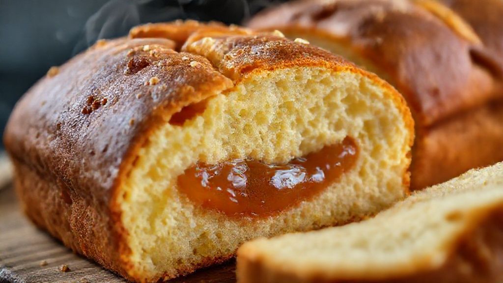 Close-up mostrando a textura fofa da massa e a goiabada escorrendo entre as fatias.