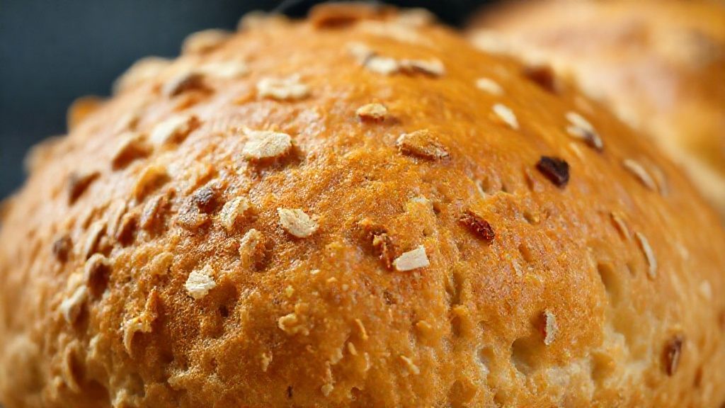 Close-up do pãozinho dourado com rodelas de banana e textura fofa, pronto para servir