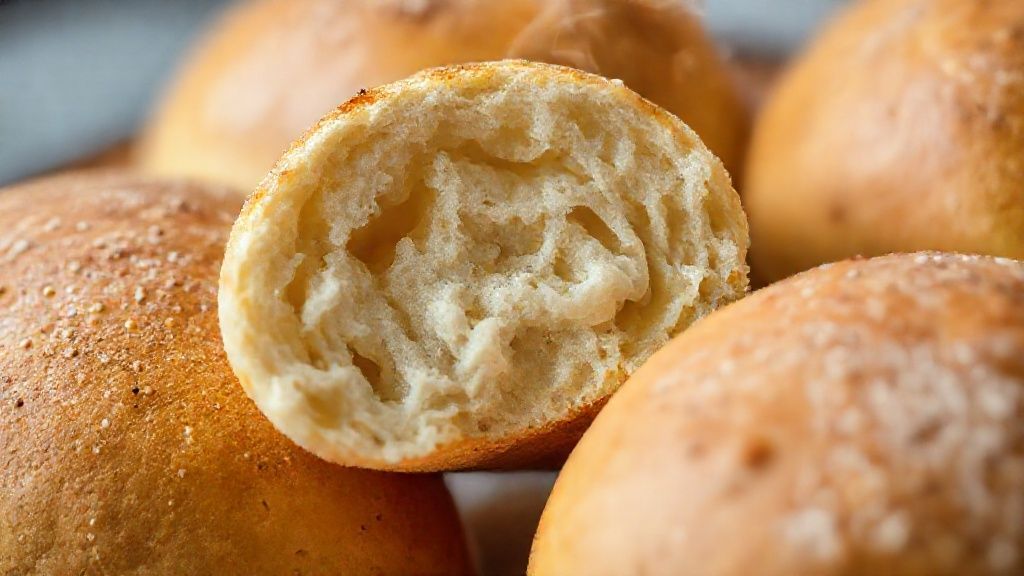Close-up mostrando a textura fofa e leve do interior do pãozinho aberto ao meio.