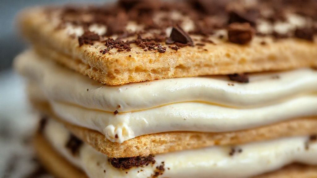 Close-up das camadas do pavê destacando textura cremosa e raspas de chocolate