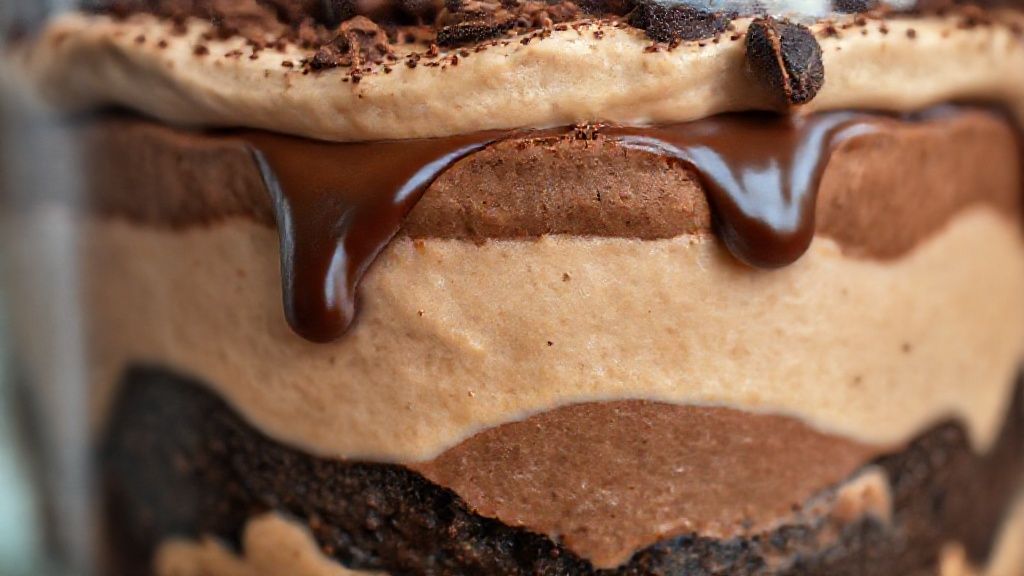 Close-up do prato pronto, destacando a textura e as camadas perfeitas do pavê