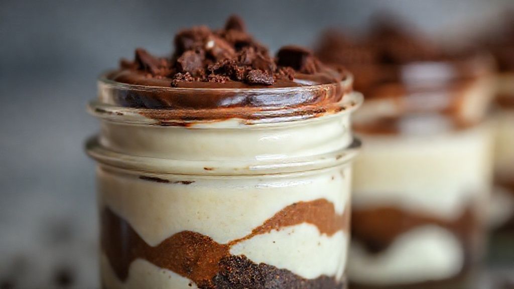 Close-up mostrando a textura cremosa e as camadas de creme e chocolate no pote