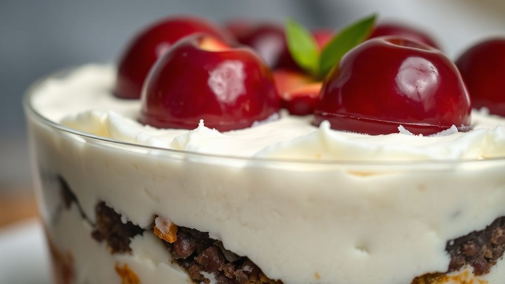 Close-up mostrando textura cremosa das camadas e ameixas decorativas no topo