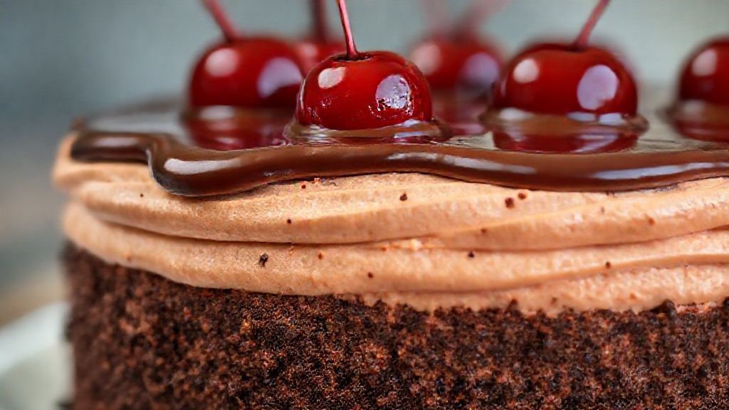 Close-up do pavetone pronto mostrando as camadas de creme, chocotone e ganache com cerejas