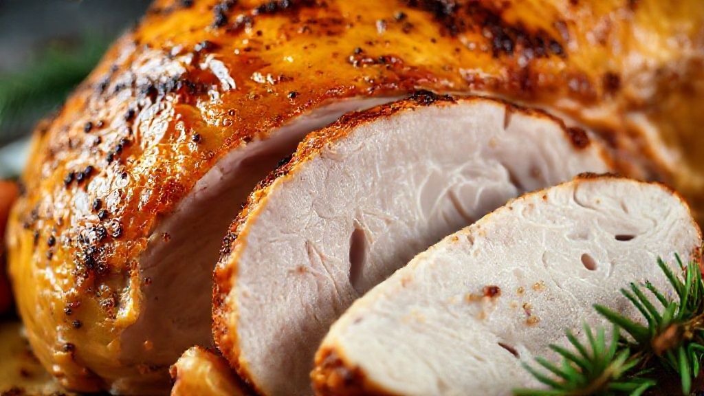 Close-up do peru dourado com pele crocante e fatias suculentas sendo servidas