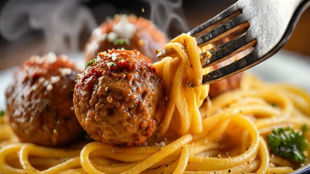Close-up mostrando a textura do molho e das almôndegas sobre o espaguete, com parmesão derretendo