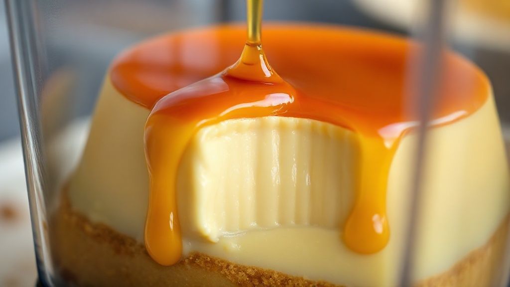 Close-up do pudim pronto cortado, mostrando a textura lisa e calda escorrendo