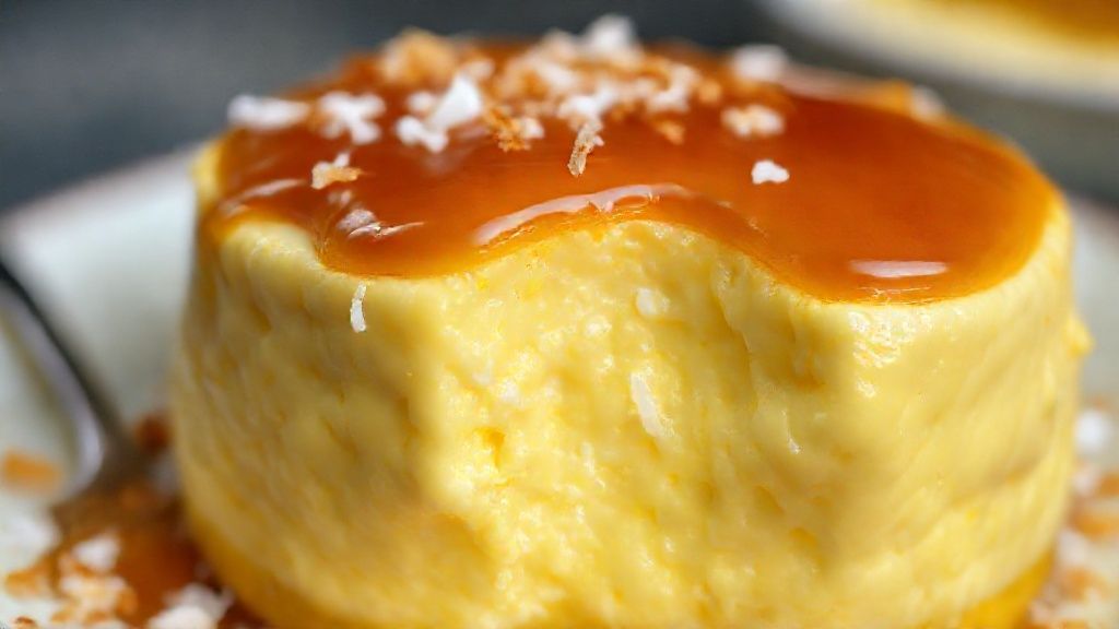 Close-up mostrando a textura cremosa e a calda escorrendo pelo pudim dourado