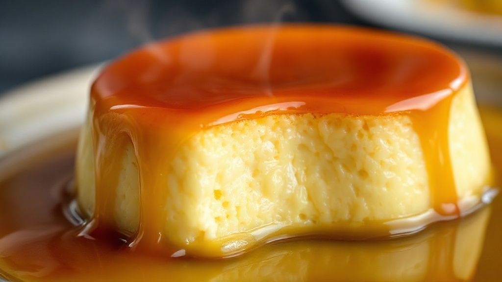 Close-up do pudim cortado mostrando textura lisa e calda escorrendo pelas laterais