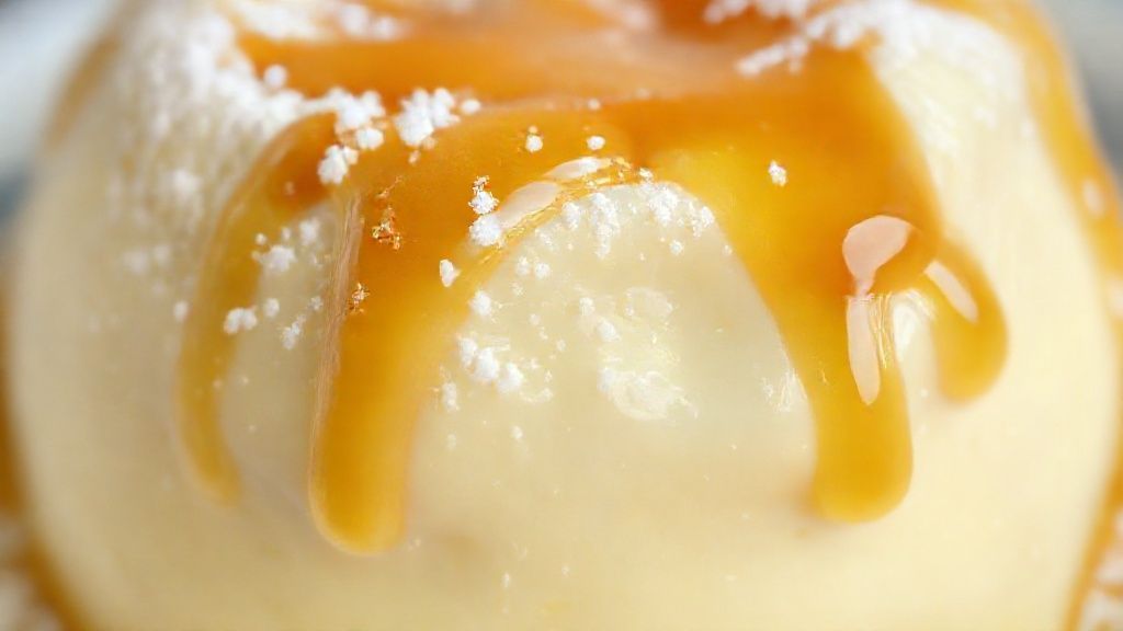 Close-up mostrando o brilho da calda e a textura sedosa do pudim cortado