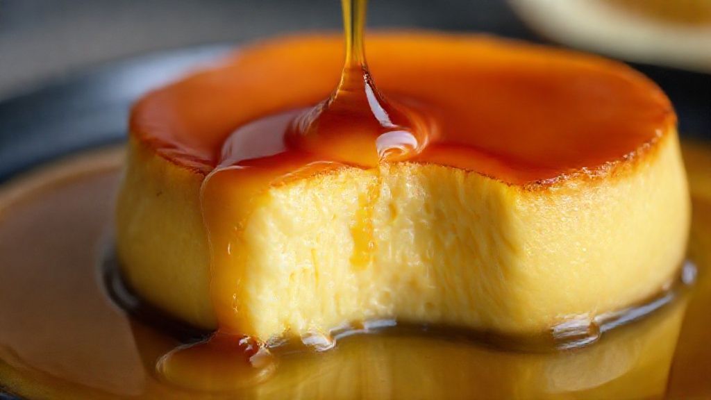 Close-up do pudim cremoso com calda escorrendo, destacando textura e brilho