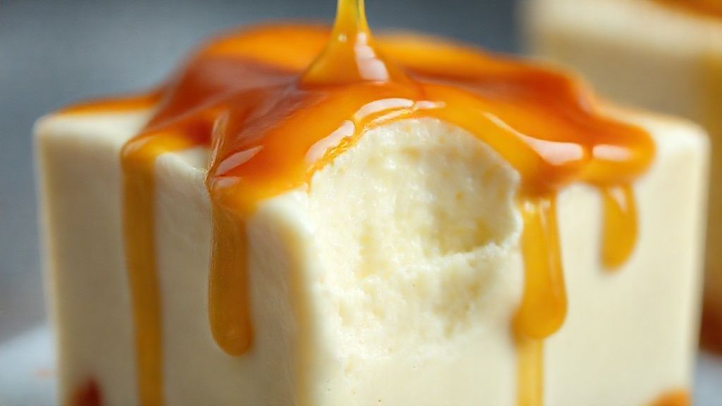 Close-up do pudim pronto, com textura cremosa e calda dourada escorrendo pelas laterais