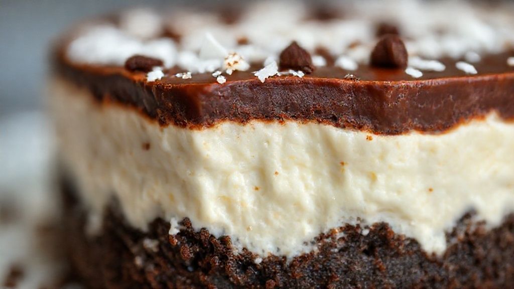Close-up do pudim prestígio cortado, mostrando textura cremosa e camadas de coco e chocolate