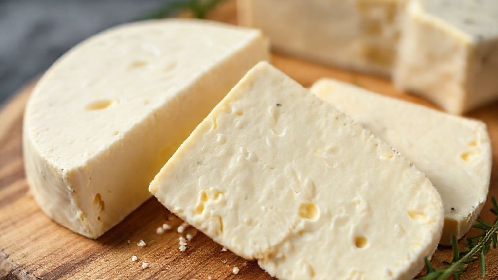 Close-up mostrando a textura cremosa e firme do queijo sem leite fatiado