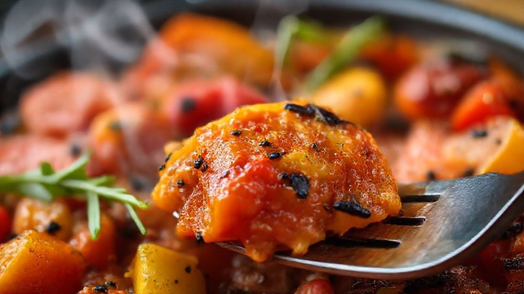 Close-up do ratatouille colorido pronto, mostrando a textura dos legumes e o brilho do azeite.