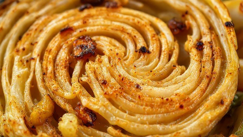 Close-up do prato pronto, destacando a textura dourada e os legumes caramelizados