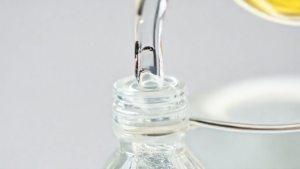 Close-up do sabão líquido transparente sendo despejado em garrafa PET