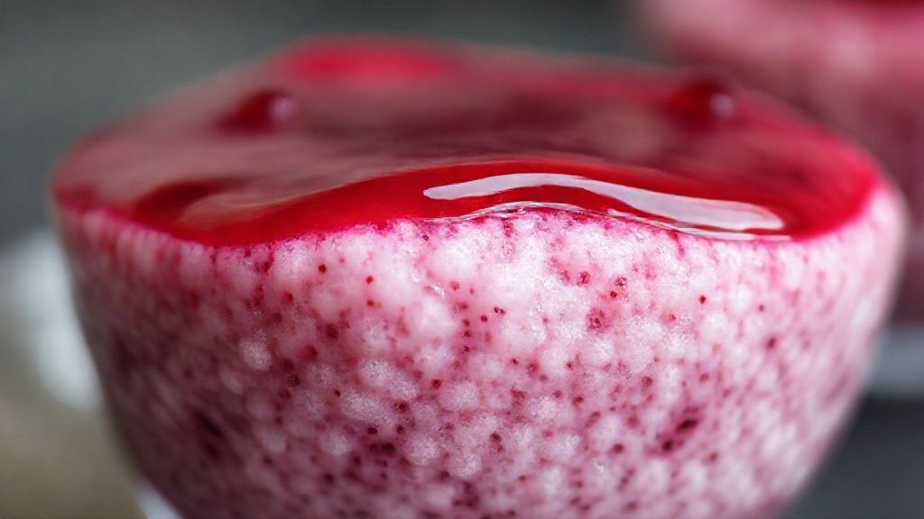 Close-up do sagu de vinho pronto, destacando o brilho do vinho e as bolinhas translúcidas