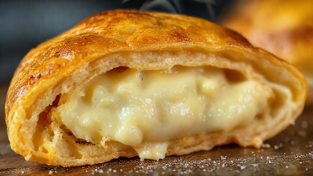 Close-up mostrando o interior cremoso e textura dourada do salgado recém-saído do forno