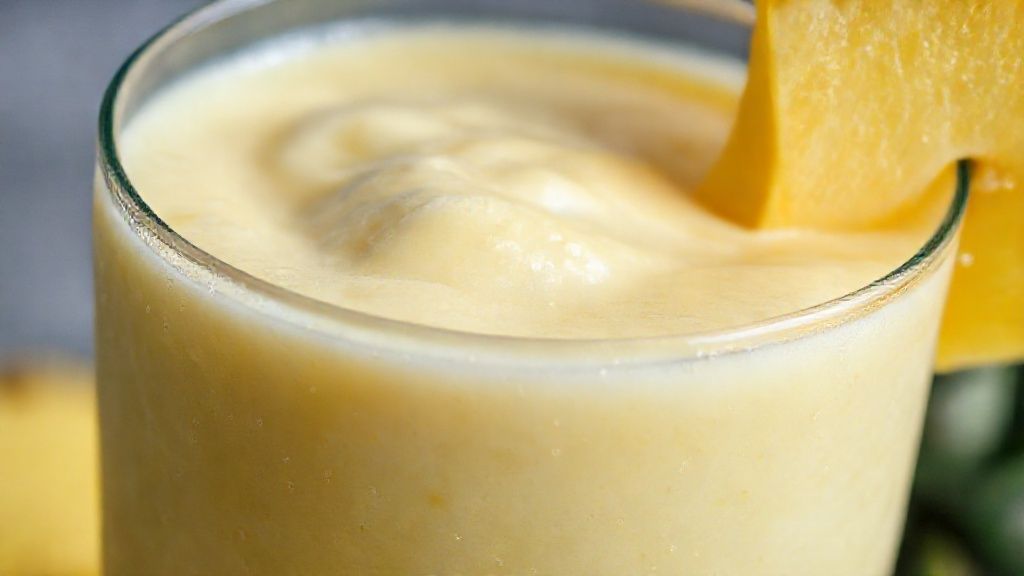 Close-up do smoothie finalizado, mostrando textura cremosa e gotas de condensação no copo