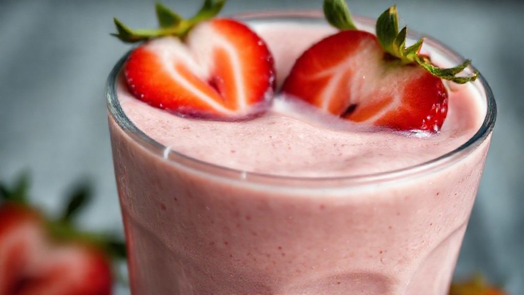 Close-up do smoothie cremoso com bolhas suaves e cor vibrante de morango, decorado com hortelã